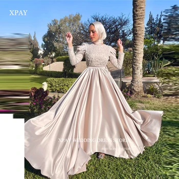 XPAY Kuklios Dubajaus arabų moterys musulmonės vakarinės suknelės perlai ilgomis rankovėmis O-kaklo satinas Oficiali proga Prom chalatai plius dydis