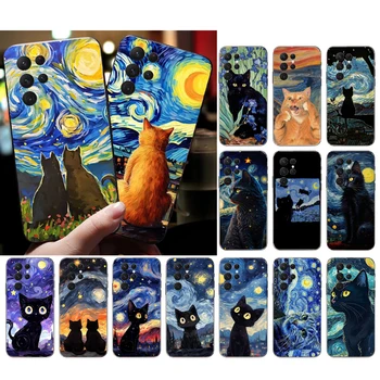 Cat Starry Night Van Gogh telefono dėklas, skirtas Samsung S23 S22 S21 S20 Ultra S20 S22 S21 S10E S21 S20 FE S10 Plus