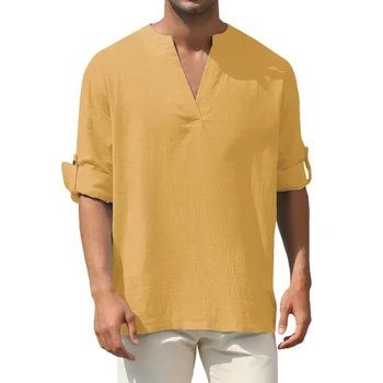 Spring Cotton Linen Henley marškiniai ilgomis rankovėmis Hippie Casual Beach marškinėliai Mada Solid Color V-neck Laisvi vyriški marškiniai