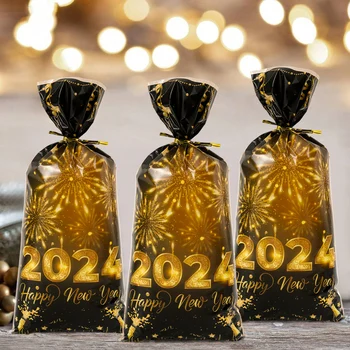 Laimingų Naujųjų metų 2024 Saldainių krepšys Juodo aukso dovanų raištelių maišeliai Sausainių sausainių paketas Naujųjų metų dekoravimas namų vakarėlių reikmenims