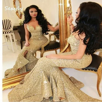 Glitter Gold Mermaid Sequin Vakarinės suknelės 2022 Afrikos plius dydžio prom suknelė su plyšiu Elegantiškos moterys Naktiniai vakarėlių chalatai Formalus