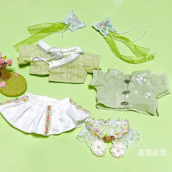 Sandėlyje 20cm Be atributo Pliušinės lėlės Apranga 6vnt/komplektas Kiniško stiliaus žalio gluosnio sijono komplektas Butterfly HairBand batai