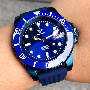 40mm Tandorio 20ATM mėlynai dengtas vyriškas laikrodis Safyro stiklo data Japonija NH35 automatinis šviečiantis mėlynas saulės spindulių ciferblatas Vaflinis dirželis Data
