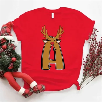 Šiaurės elnių kalėdinės abėcėlės marškinėliai Moterys Raudona mada Kalėdos Naujųjų metų šventė Tee drabužiai trumpomis rankovėmis Kalėdiniai marškinėliai Moterys