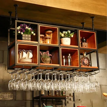 Pakabinamas vyno stovas Ekrano dizainas Metalinis Modernus grotelių kvadratinis laikiklis Vintažinis aukštyn kojom Baro spintelė Mediniai kabineto baro baldai