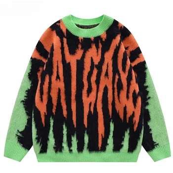 Harajuku Vintage Green Orange Megztas megztinis Vyrų gatvės oversized džemperis Megztinis Megztinis Storas megztinis Senelis Bjaurus megztinis Moteriškas