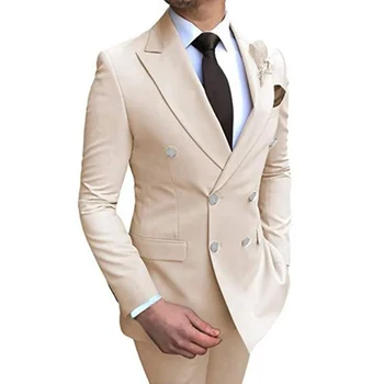 18 Color Fashion New Men's Casual Double-Breasted Solid Color Suit 2 Lambs Komplektas / Wedding Groomsmen Blazers Striukės Kelnės