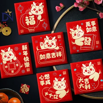 6Vnt 2024 Drakono metai Kinų stiliaus raudonas pakelis Mielas drakono raštas Piniginė Sėkmės pinigų krepšys Naujųjų metų raudoni vokai